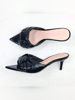 Arezzo Sabot Black Patent Leather Pointed Open Toe Heel Mules